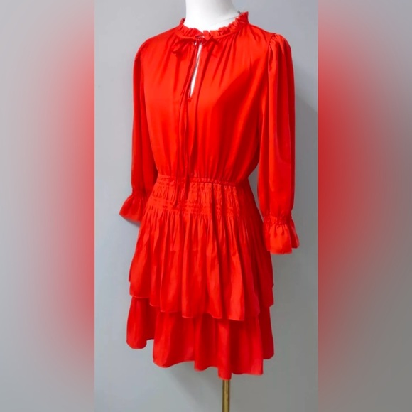 JOIE Bright Orange Keyhole Smocked Tiered Ruffles Mini Dress - Picture 2 of 9